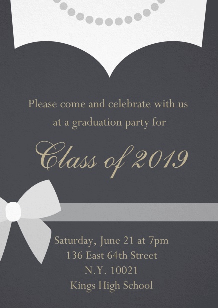 Class of 2019 graduation invitation card with evening dress and pearls Grey.