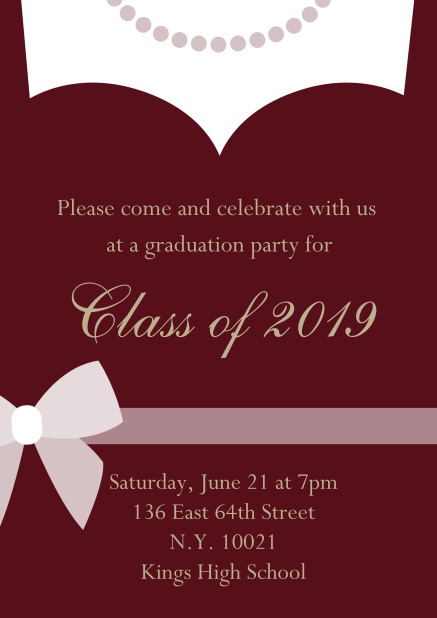 Class of 2019 graduation online invitation card with evening dress and pearls Red.