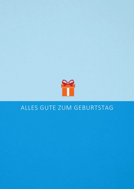 Geburtstags-Grusskarte mit orangenem Geschenk Blau.