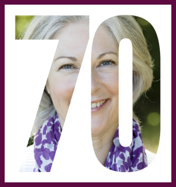 Online invitation card with cut out 70 for own photo, great for 80th Birthday invitations Purple.