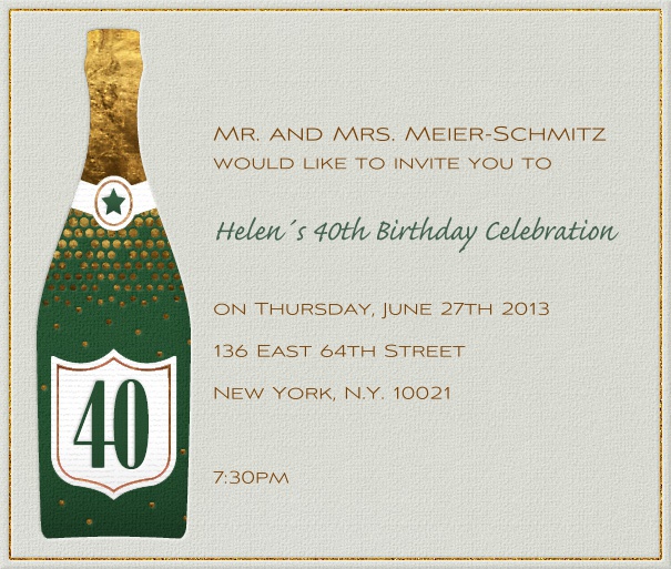 Beige 40. Geburtstagseinladungskarte mit Champagner Flasche mit Zahl 40.