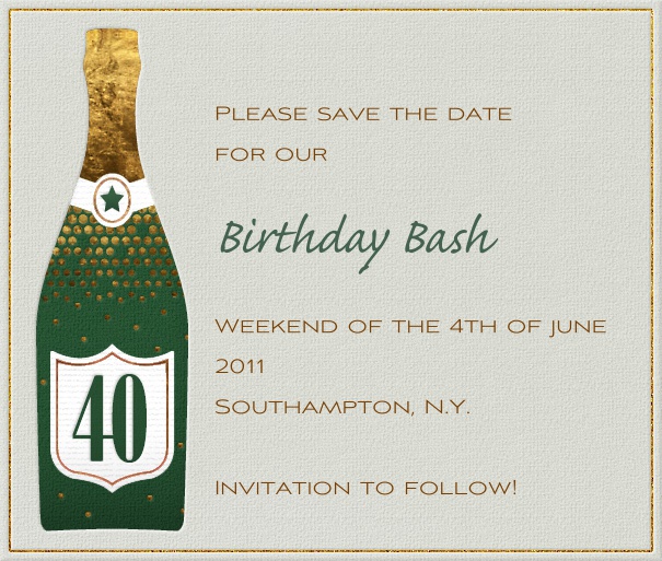 Beige Geburtstag oder Jahrestag save the date Karte in Querformat mit großer Champagner Flasche auf linker Seite der Karte und gestaltetem Text zum anpassen.