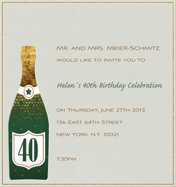 Beige 40. Geburtstagseinladungskarte in Hochkant mit Champagner Flasche mit Zahl 40.