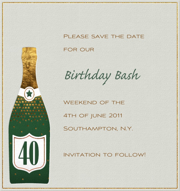 Beige Geburtstag oder Jahrestag save the date Karte in Hochkantformat mit großer Champagner Flasche auf linker Seite der Karte und gestaltetem Text zum anpassen.