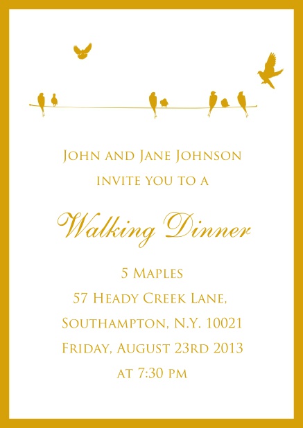 Online Einladungskarte für Hochzeits-, Geburtstags- oder Sommereinladungen mit vielen gelben Vögeln.