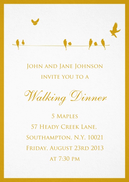 Einladungskarte für Hochzeits-, Geburtstags- oder Sommereinladungen mit vielen gelben Vögeln.