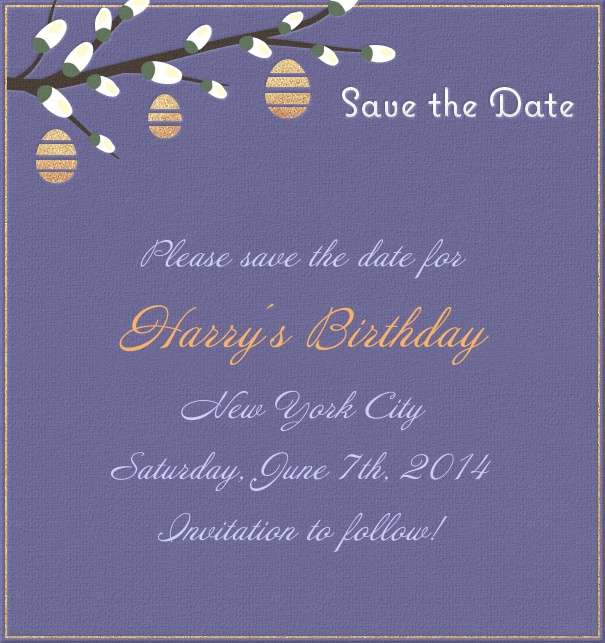 High Dark Blue Spring Themed Seasonal Birthday Save the Date Card with Branch in Bloom.