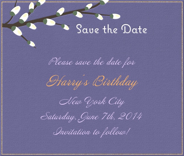 Dark Blue Spring Themed Seasonal Birthday Save the Date Card with Branch in Bloom.