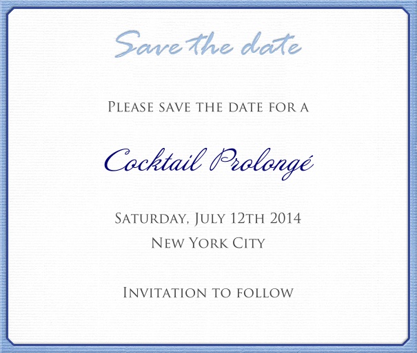 White classic Wedding Save the Date Card with Blue Border.