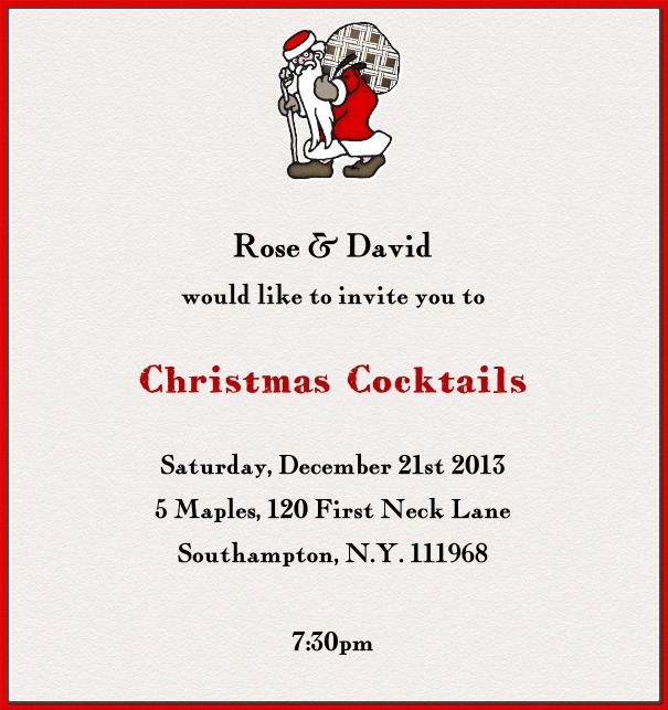 Weisse Weihnachten Einladungskarte in Hochkantformat mit rotem Rand und Weihnachtsmann im oberen Bereich der Karte. Inklusive passender Text in schwarz und rot.