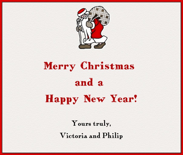 Online Christmas card with red border and Santa Claus illustration.