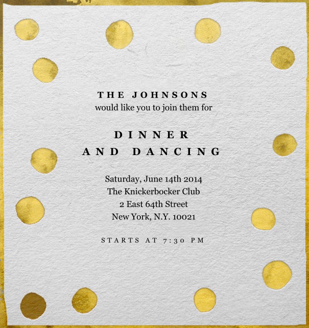Online Cocktail Einladungskarte mit goldenen Punkten.
