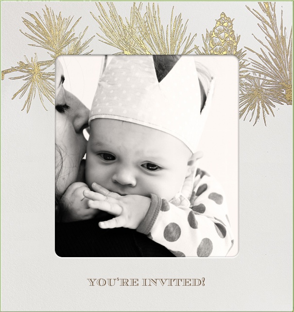 Christmas Photo Invitation with Photo and Gold Pine Branch.