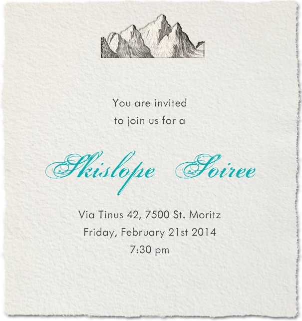 Winter Themed Online invitation with mountain motif and paper theme and blue text