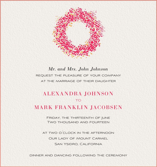 Rosafarbene Online Hochzeitseinladunngskarte verziert mit Kranz.