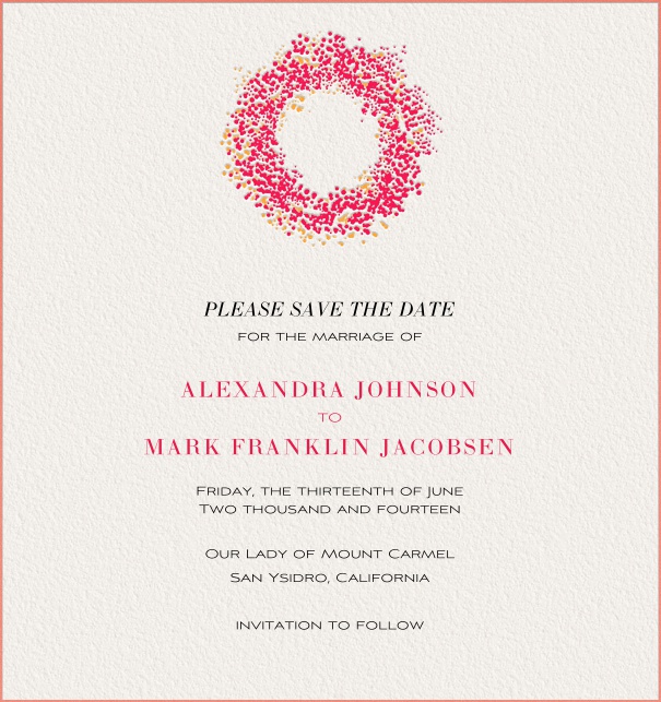 Pink Online Save the Date Card with floral wreath and pink border.