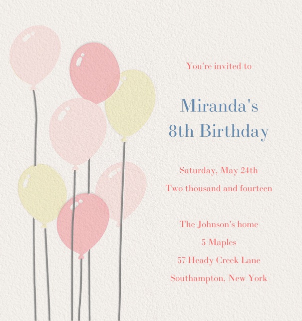 Online Birthday Invitation with Balloons and custom text.