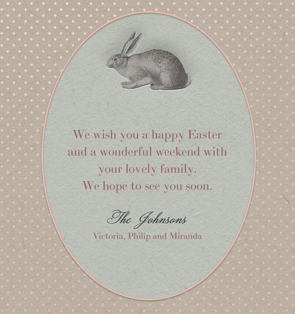 Easter card for online sending with rabbit top middle and editable text below.