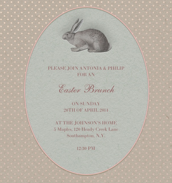 Pink invitation card for Easter brunch with rabbit and oval text box for customizable text.