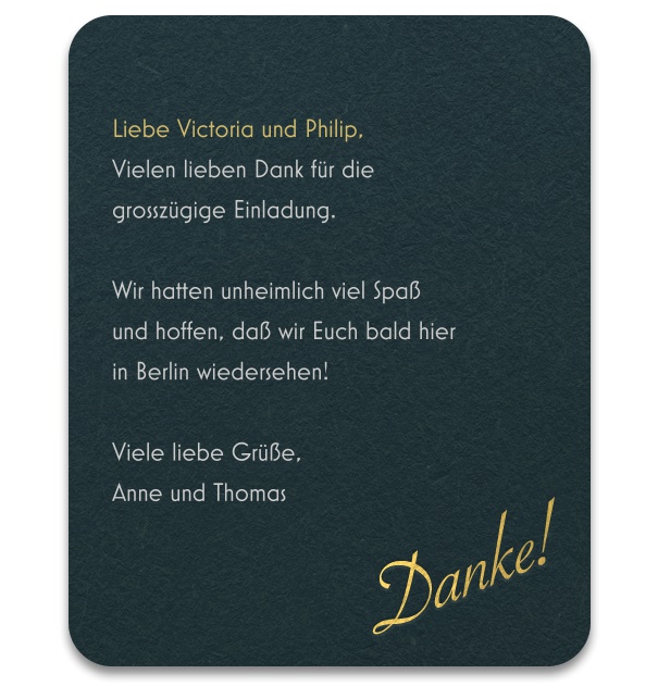 Online Dankeskarte in dunkelgrün mit editierbarem Textfeld und Schriftzug Danke! unten rechts.