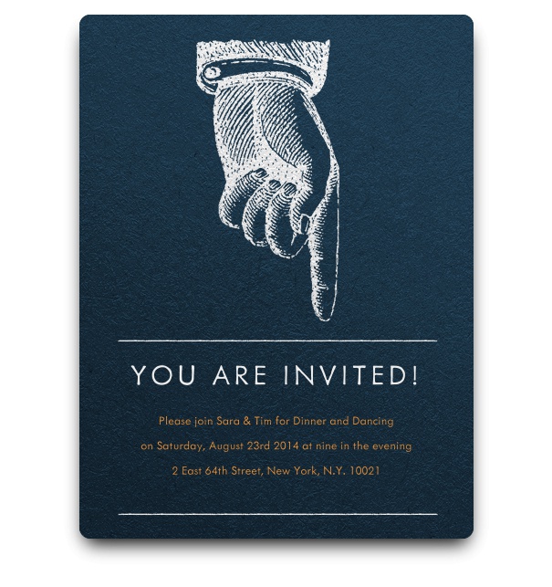 Simple Blue Invitation card with retro hand and pointing finger engraving and shadows.
