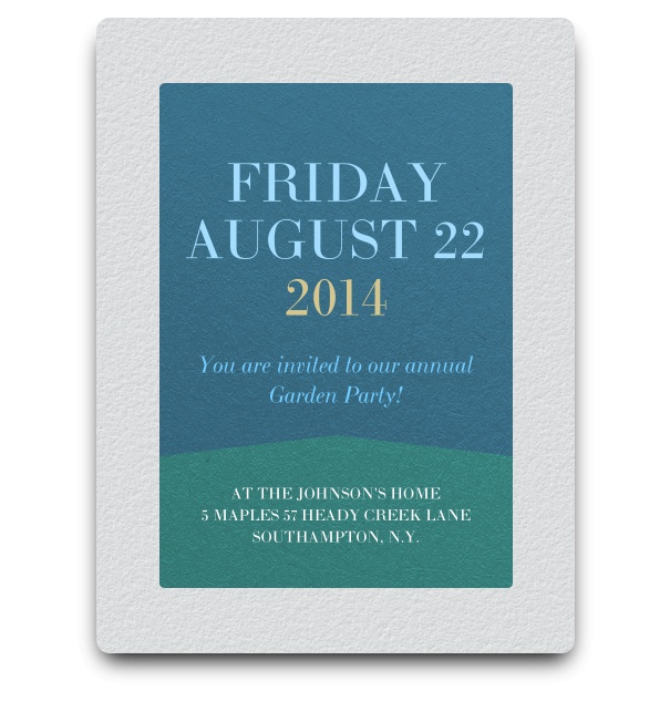 Simple green and blue invitation card design in minimalist style.