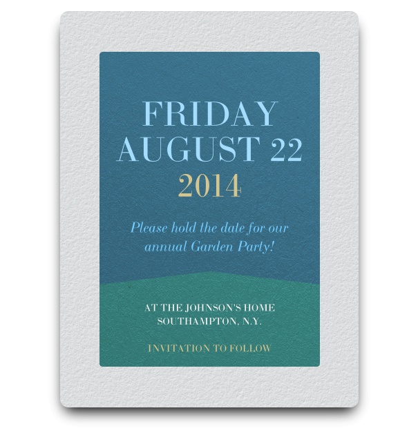 White background Save the Date online card with blue and green squared textbox.