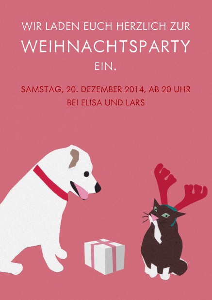 Rosafarbene Weihnachtskarte mit Hund und Katze, die sich gegenseitig beschenken.