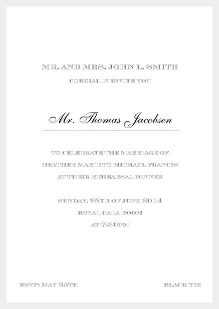 Invitation card with golden border including a dotted line for name of recipient. Grey.