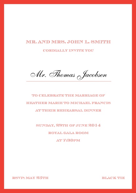 Invitation card with golden border including a dotted line for name of recipient.