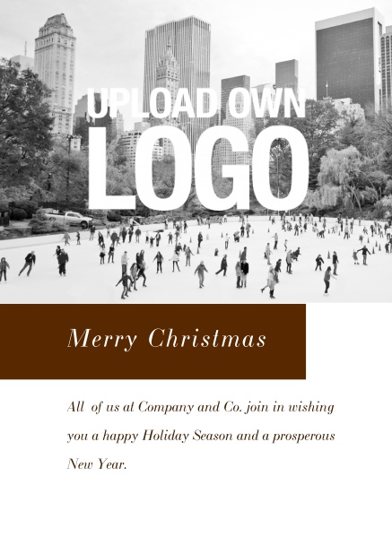 Firmenweihnachtskarte online mit Fotofeld, Logo Funktion und rotem Textfeld. Schwarz.