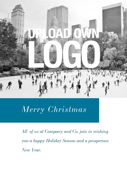 Firmenweihnachtskarte online mit Fotofeld, Logo Funktion und rotem Textfeld. Blau.