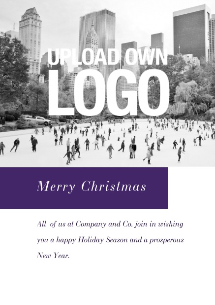 Firmenweihnachtskarte online mit Fotofeld, Logo Funktion und rotem Textfeld. Gold.