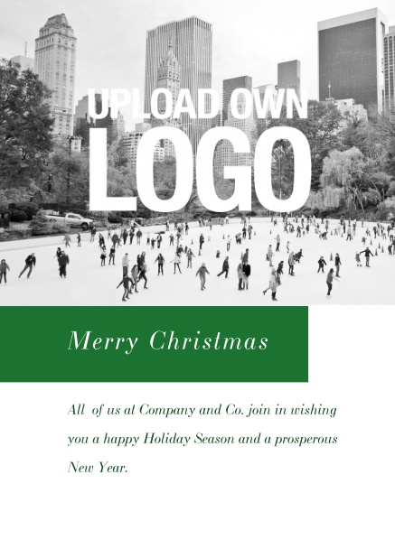 Firmenweihnachtskarte online mit Fotofeld, Logo Funktion und rotem Textfeld. Grün.