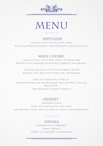 White menu card with blue illustrations and editable text.
