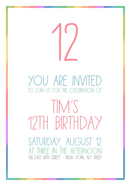 children's online birthday invitation card with rainbow frame and number.
