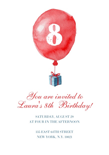 Watercolor painted card with a large red balloo for a 8th Birthday invitation online.