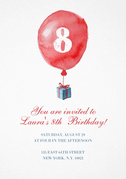 Children's Birthday invitation card with red balloon carrying a present.