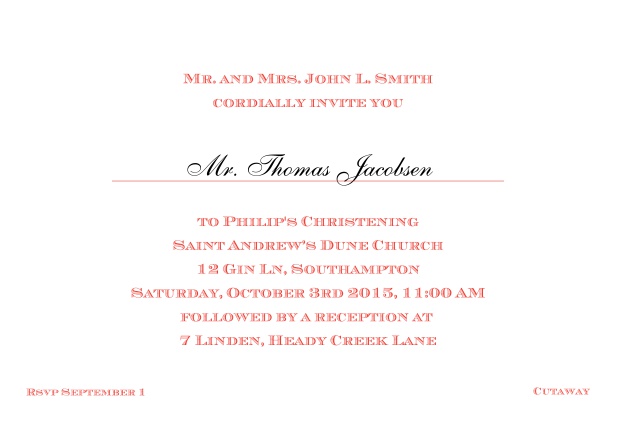 Online Classic Christening invitation card with editable text in multiple colors. Red.