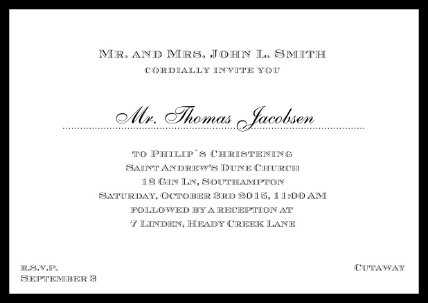 Online Traditional invitation card with a outer frame to a Christening in many color variations including a line for the gues's name. Black.