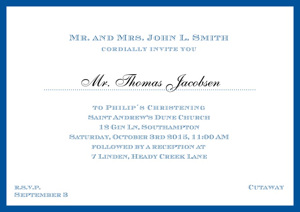 Online Traditional invitation card with a outer frame to a Christening in many color variations including a line for the gues's name. Blue.