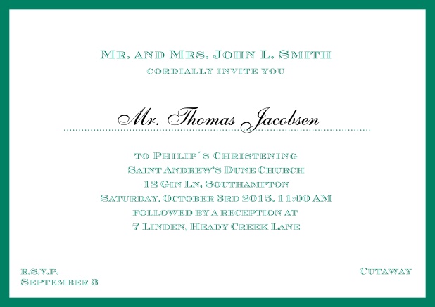 Online Traditional invitation card with a outer frame to a Christening in many color variations including a line for the gues's name. Green.