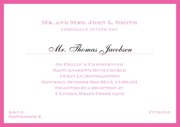 Online Traditional invitation card with a outer frame to a Christening in many color variations including a line for the gues's name. Pink.
