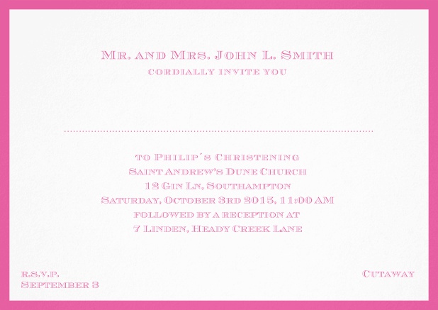 Traditional invitation card with a outer frame to a Christening in many color variations including a line for the gues's name. Pink.