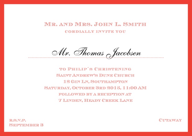 Online Traditional invitation card with a outer frame to a Christening in many color variations including a line for the gues's name. Red.