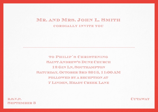 Traditional invitation card with a outer frame to a Christening in many color variations including a line for the gues's name. Red.