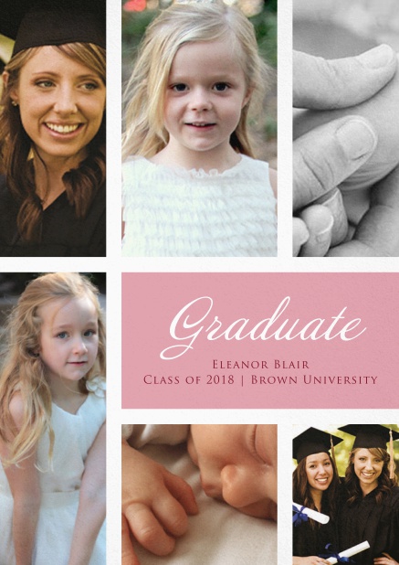 Add 6 photos to this lovely graduation invitation card Pink.