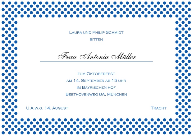 Online Einladungskarte mit gepunktetem Rahmen in verschiedenen Farben und editierbarem Text. Blau.