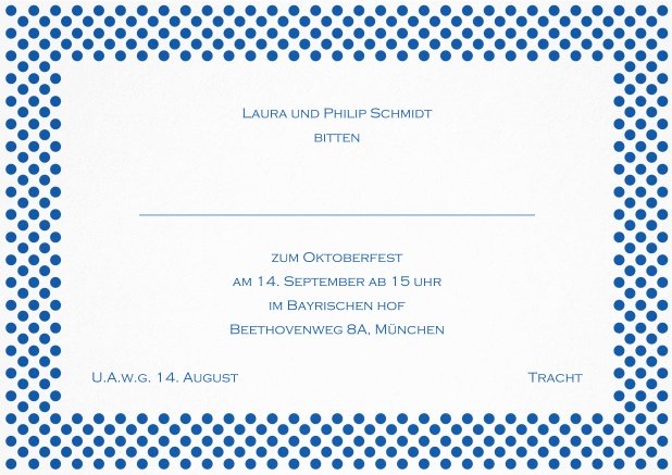 Einladungskarte mit gepunktetem Rahmen in verschiedenen Farben und editierbarem Text. Blau.