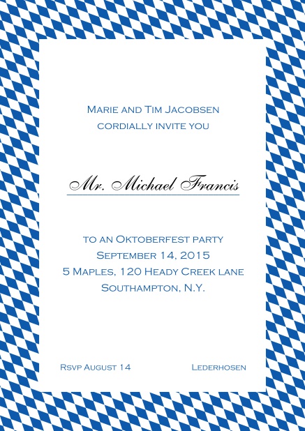 Classic online invitation card with classic bavarian frame and editable text. Blue.